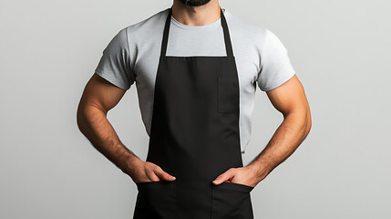 Man in gray shirt wearing a black apron, standing against a plain white background. Confident pose with hands in pockets. Ready for work or cooking project.