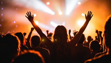 Exciting music concert attendees celebrating in a vibrant atmosphere under colorful lights