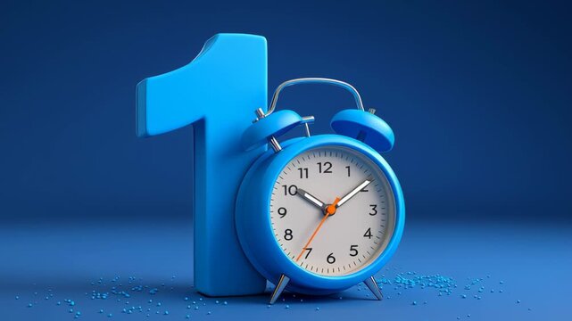 Blue alarm clock positioned beside a large blue number one on a vibrant blue background, symbolizing time management and punctuality in a visually striking and modern design concept