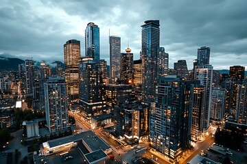Obraz premium Evening skyline over vancouver cityscape photography urban environment aerial view modern architecture