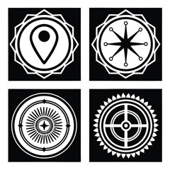 Four white circular geometric emblems with black background symbol
