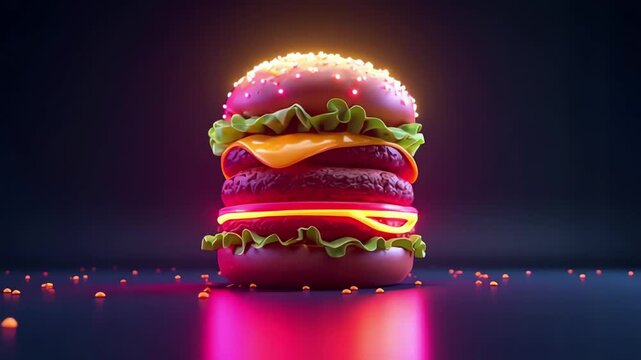 Neon burger stack animation with glowing ingredients and juicy layers