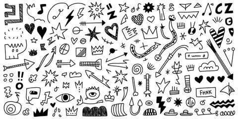 Obraz premium Hand Drawn Rock Punk Music Icon Set – Grunge Tattoo Doodle Elements with Crayon Brush Stroke, Lightning, and Music Star Sketch Vector Illustration