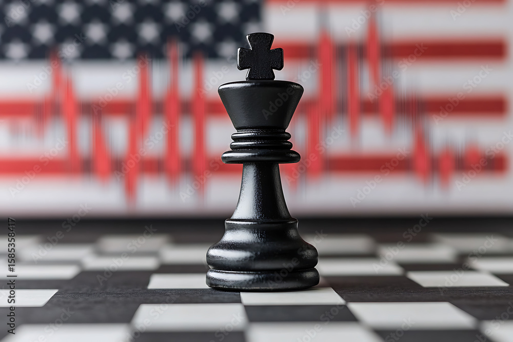 Poster chess king piece on a checkered board with an out-of-focus background showing an image resembling a 