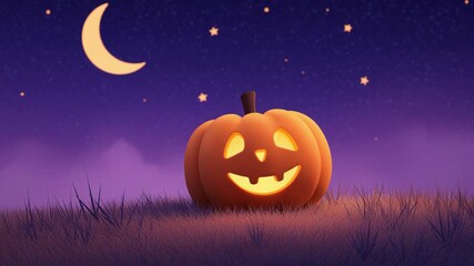 Halloween-themed illustration featuring a glowing jack-o'-lantern sitting in a grassy field under a crescent moon and twinkling stars, creating a whimsical and festive atmosphere for autumn celebratio - Powered by Adobe