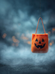 Orange plush pumpkin trick or treat bag hanging Halloween