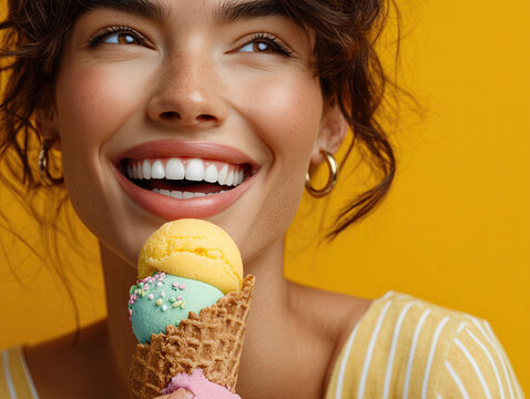 Woman Enjoying Colorful Ice Cream Against a Bright Yellow Background