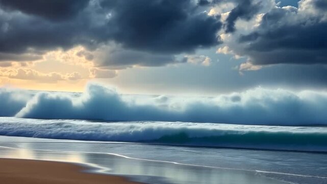Dramatic Seascape Turbulent Ocean Waves and Cloudy Sky, Coastal Beauty, Serene Beach Reflections and Atmospheric Weather