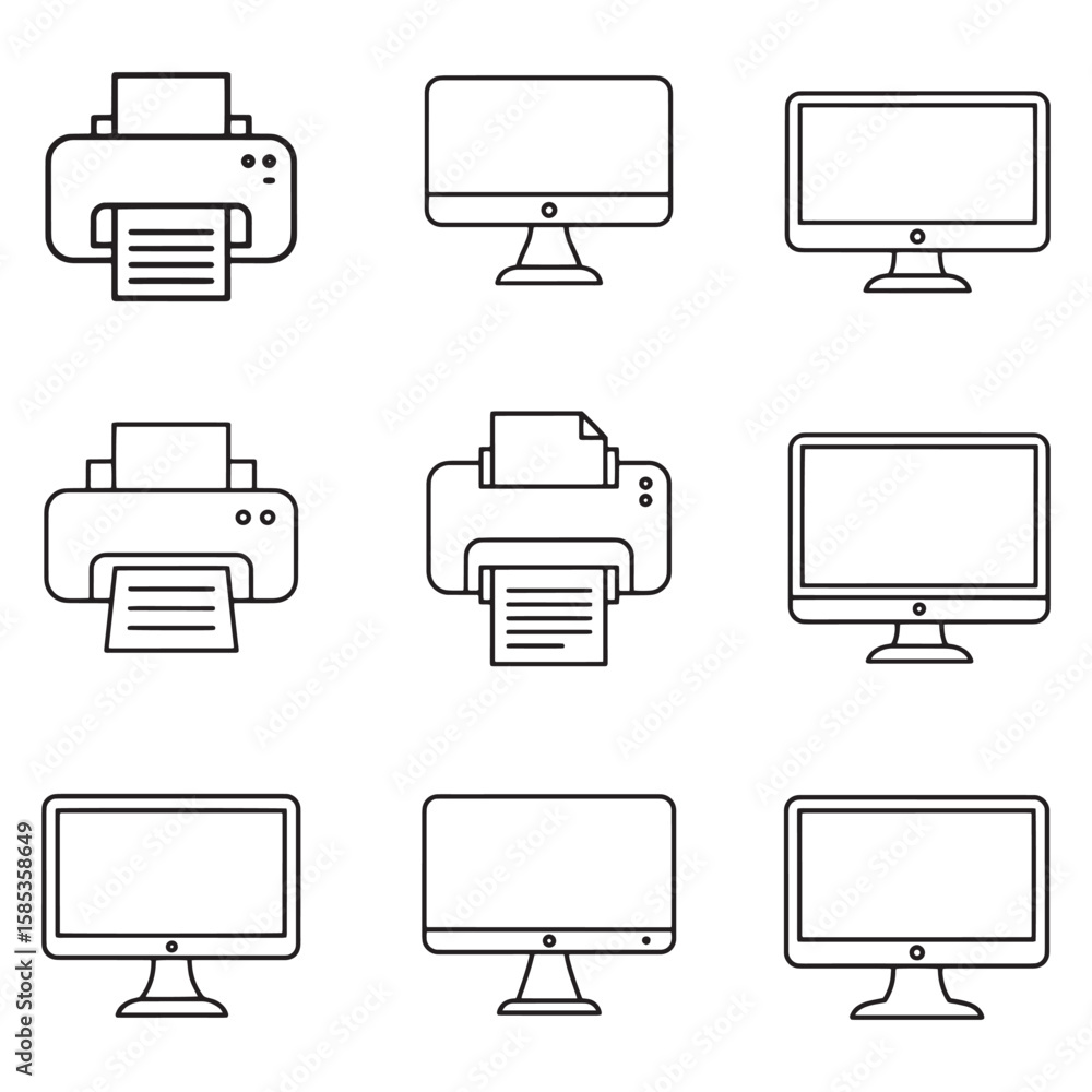Poster black and white line art illustrations of computer monitors and printers for design use