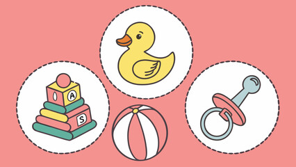 collection of baby playing  toys rubber icons. Colorful toys shown separately in pink background  vector illustration.