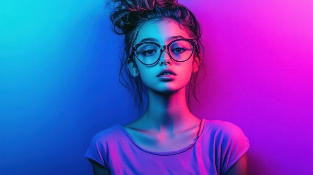 Teenage girl portrait with vibrant neon lighting