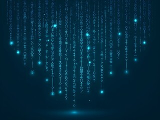 Digital Rain: An artistic interpretation of a digital downpour, with glowing blue binary code cascading against a dark backdrop, visualizing data and technology.