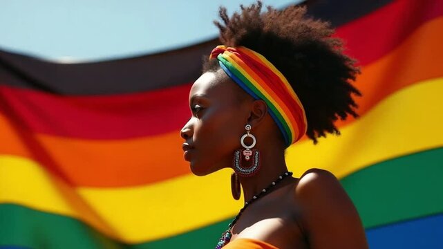 Proud Black Woman with Rainbow Flag Representing Unity and Equality
