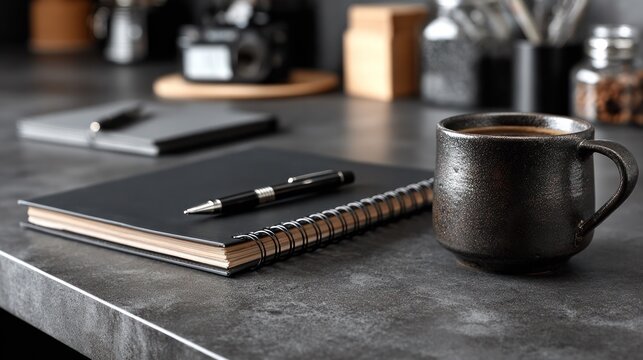 Elegant black leather desk with neatly arranged stationery, embodying minimalist productivity and professional sophistication.