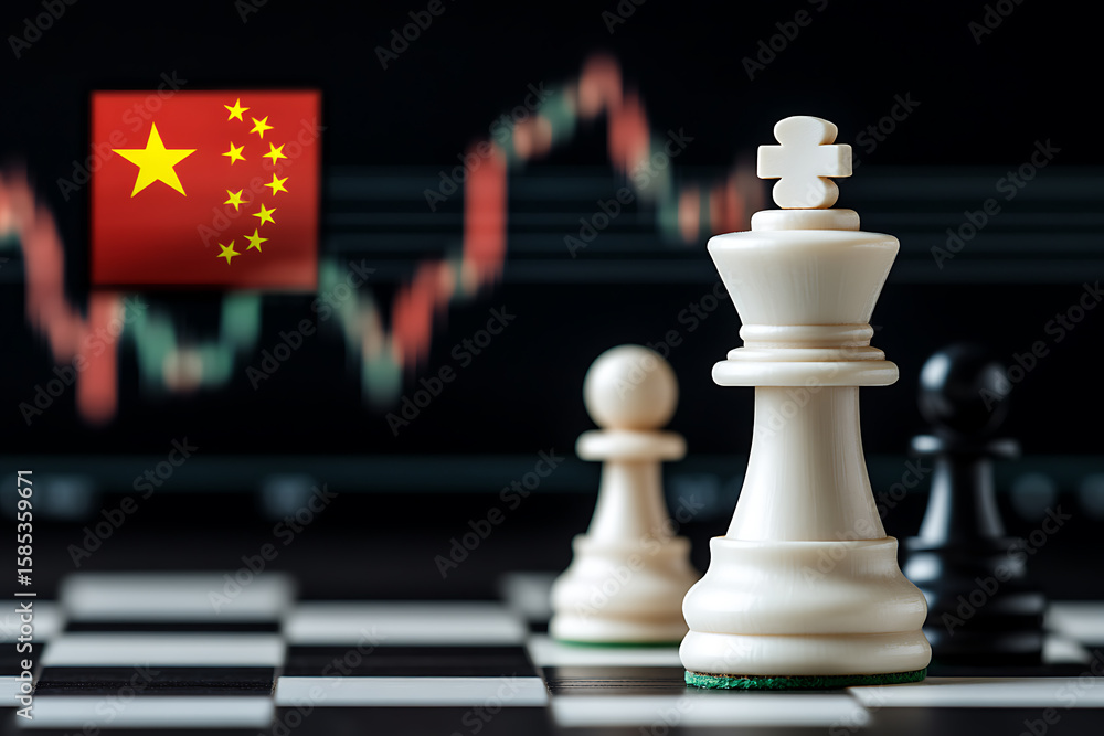 Poster chess pieces are positioned on a chessboard against a backdrop featuring a financial chart and a fla