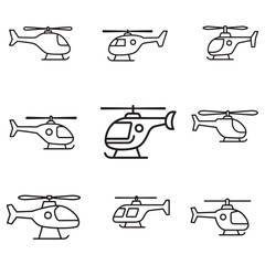 Collection of nine minimalist black and white helicopter icons for transportation and aviation design
