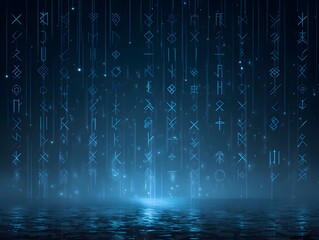 Mystical Runes: Abstract image of glowing ancient symbols and runic script cascading down towards a reflective surface, suggesting a portal or digital stream. 