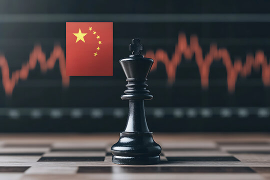 Economic Strategy with Chinese Flag: A chess king piece stands on a chessboard, symbolising strategic dominance amidst market fluctuations and growth.