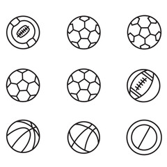 Collection of outline sports balls including soccer football basketball and other game symbols