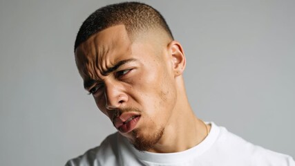 Young Black man exudes confidence in vertical portrait showcasing striking expression and style in neutral background - Powered by Adobe