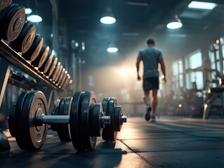Man sports in Gym With Dumbbells Weightlifting and Cardio Fitness Exercise and Bright Indoor Lighting