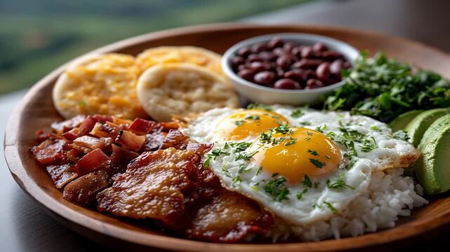Crispy chicharron and bandeja paisa featuring eggs, rice, beans, and avocado