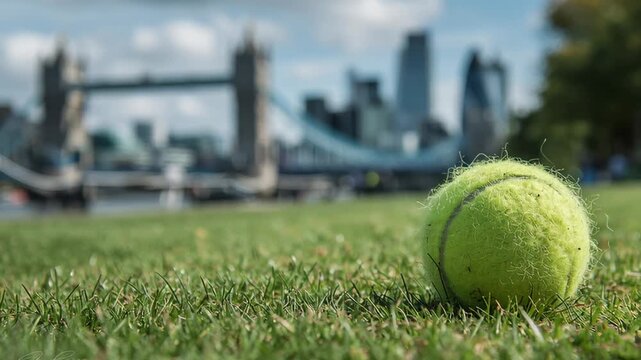 Close-up of a vibrant green tennis ball resting on lush grass with a blurred city skyline and iconic bridge in the background, capturing the essence of outdoor sports and urban lifestyle