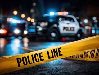 Police line do not cross and patrol car at night on a background city lights on the street  Incident Scene