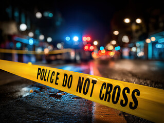 Police line do not cross and patrol car at night on a background city lights on the street  Incident Scene