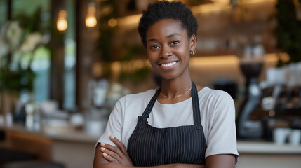 A proud African American barista at a cozy coffee shop counter