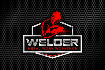 Professional logo design for a metal work workshop.  Features a welder at work. Vector illustration.