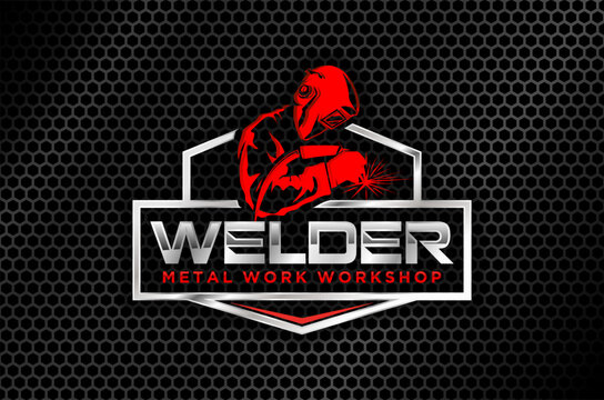Professional logo design for a metal work workshop.  Features a welder at work. Vector illustration.
