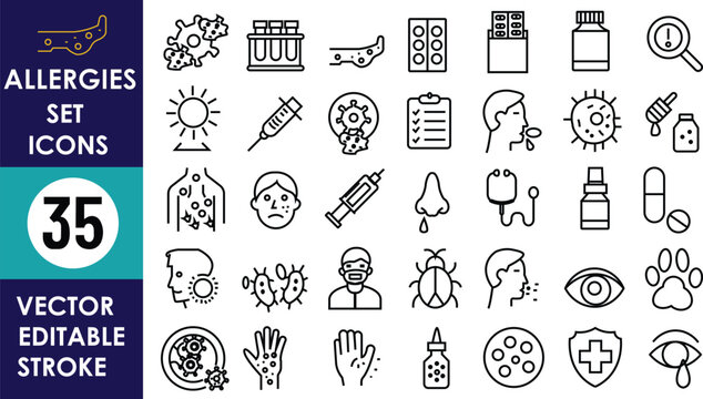 35 editable vector icons representing allergies, symptoms, medications, injections, rashes, immune response, allergens, nasal issues, eyes, pets, bacteria, medical reports, and treatments