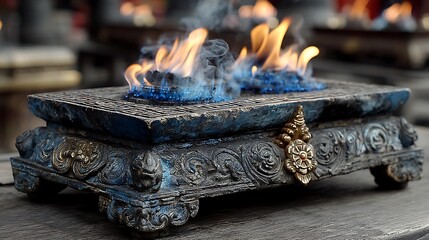 Sacred Flames: A detailed image of a ceremonial brazier adorned with intricate carvings, holding vibrant, dancing flames symbolizing energy.