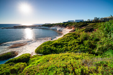 Beautiful seaside cliffs on a sunny day. A wonderful place near Paphos, Cyprus.