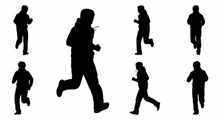 Teenager Running Silhouette Set – Hoodie and Baggy Pants Poses in Vector Style on White Background