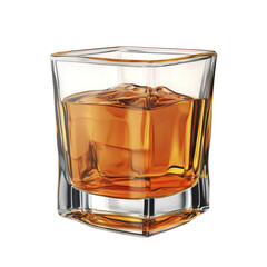 Elegant whiskey or bourbon in a square glass with ice cubes on a white isolated background