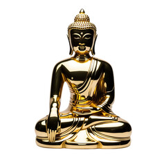 A golden buddha statue in a seated position against a stark black background radiating peace and serenity