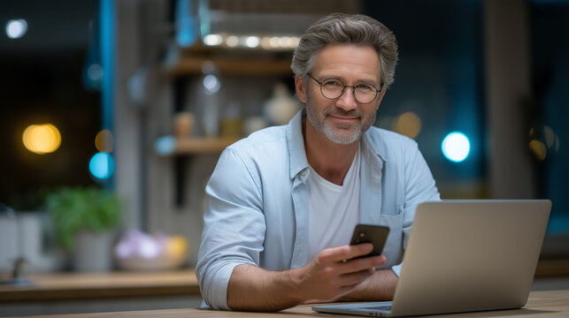 A productive mature man using laptop and smartphone in kitchen office - Powered by Adobe