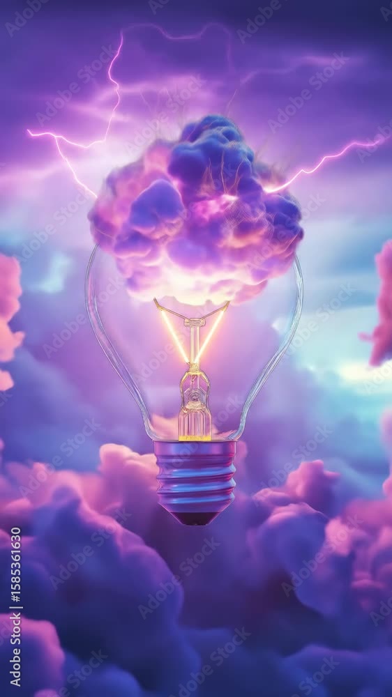 Poster glowing light bulb with stormy cloud and lightning. creative idea and imagination concept. innovatio