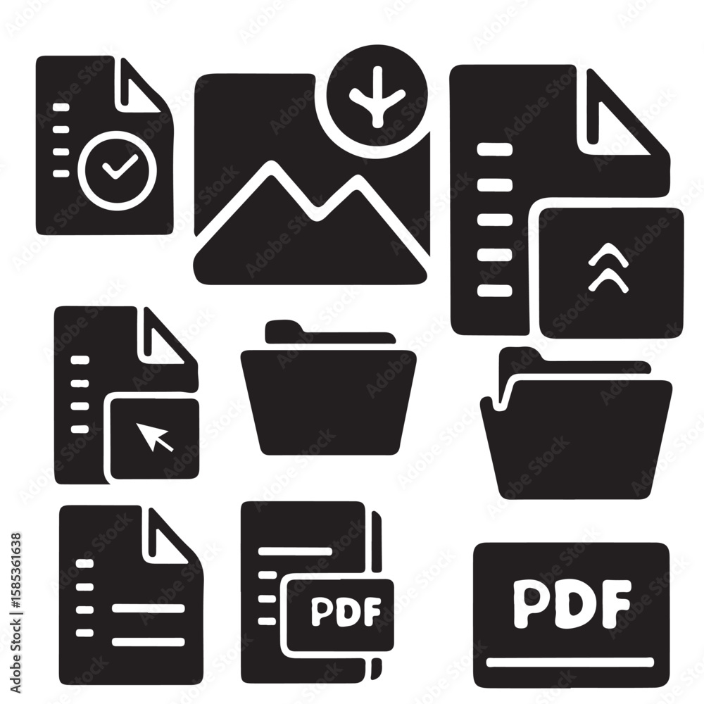 Poster a collection of black and white icons representing files folders and document related actions and ty