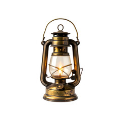 Vintage brass oil lantern with glowing flame light old on transparent background