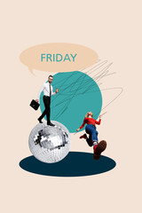 3d sketch poster trend collage of happy girl guy dance together disco ball vintage party chill...