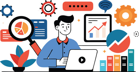 A comprehensive collection of colorful illustrations depicting concepts related to Search Engine Optimization (SEO), including analytics, keywords, ranking, and web traffic