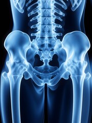Render of a human skeletal system showcasing the hips, pelvis, and spine, a medical anatomy visualization.