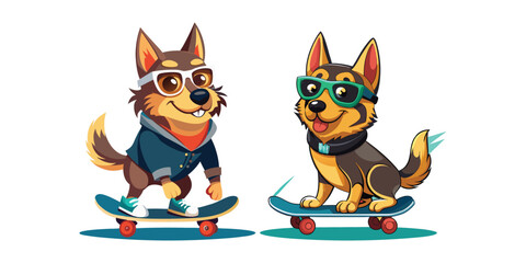 Cool German Shepherd dog wearing sunglasses riding a skateboard, urban street style vector illustration, trendy pet design, active dog, fun skateboarding art