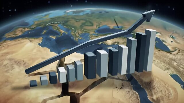 Animated 3D Earth Globe with Growing Bar Graph and Upward Arrow Indicating Financial Success - Powered by Adobe
