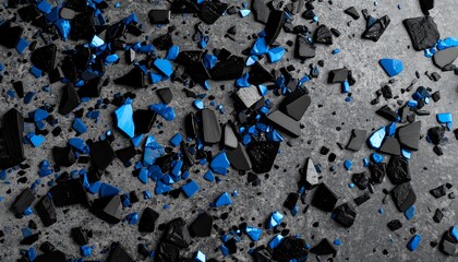 Shattered black and blue pieces on a gray surface