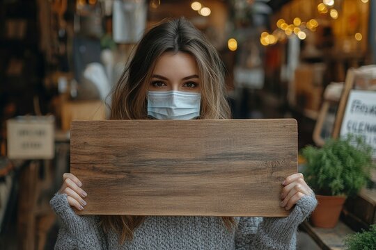 Beautiful female business retail owner in a medical face mask hanging an open wooden signboard at the shop entrance, preparing for customers, Generative AI