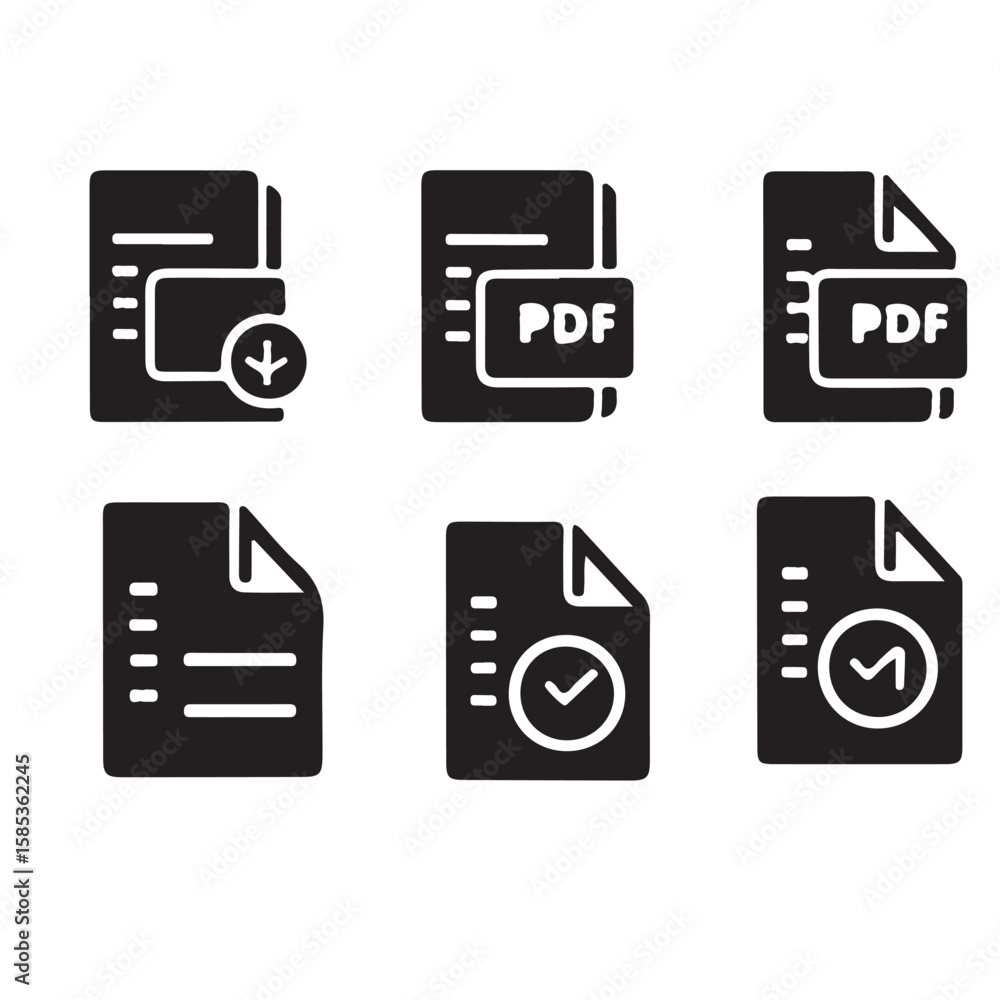 Fototapete six black document icons with download pdf and check symbols arranged in a grid pattern on white bac